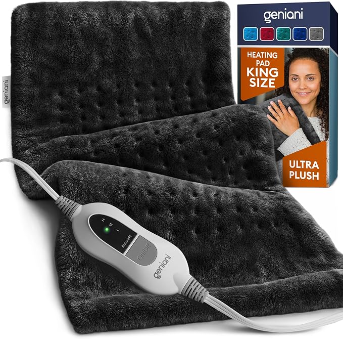 GENIANI Electric Heating Pad for Back Pain & Cramps Relief, Electric Throw, Self Care Gifts for Women, Heating Pad for Neck & Shoulder, Machine Washable Microplush, Auto Shut Off (12×24", Black)