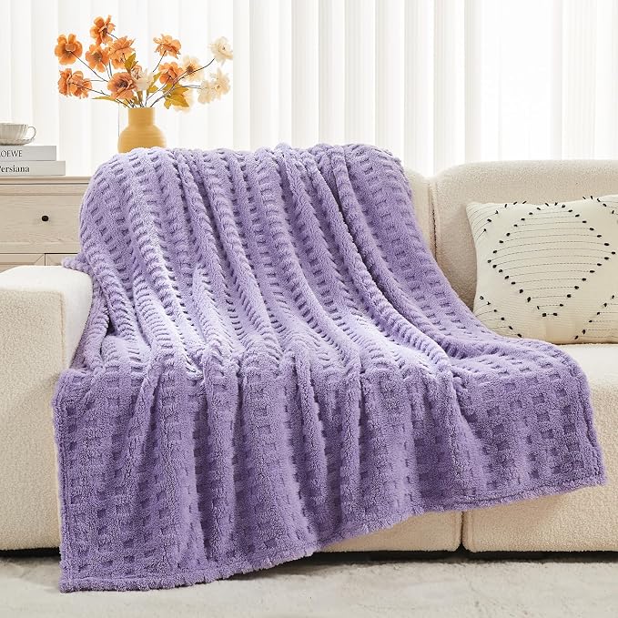 NEWCOSPLAY 3D Waffle Checkered Flannel Twin Blanket, Lavender, 60"x80" | Super Soft Cute Lightweight Decorative Premium Silky Fleece Blanket for Couch Sofa Bed, Gift for Women Men, All Season Use