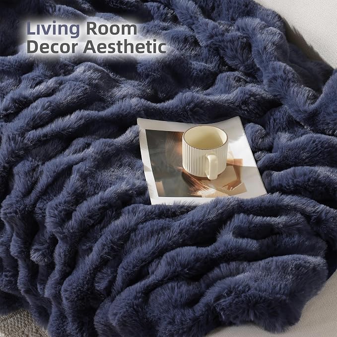 Faux Rabbit Fur Throw for Couch - Navy Blue Bubble Blanket 50"x60" | Fluffy Plush Fuzzy Throw for Sofa & Bed, Super Soft Cozy Comfrt Blanket, Luxury Aesthetic Navy Blue Decor Gift for Women