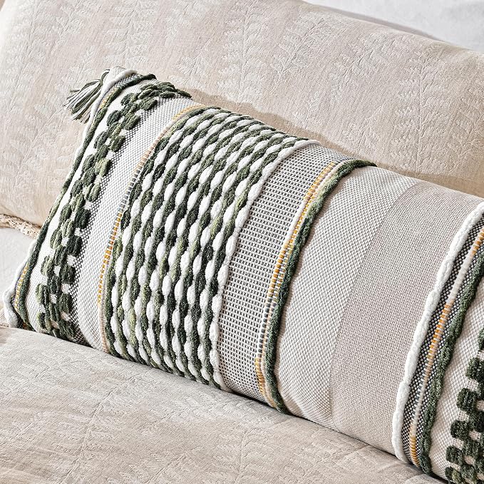 Chenille Striped Textured Boho Throw Pillow Covers Aesthetic with Tassels Woven Decorative Pillow Case for Couch Bed Sofa Bedroom Modern Funky 14 x 36-Inch Sage Green