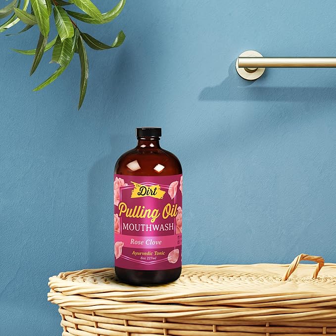 The Dirt Gluten Free Oil Pulling Mouthwash - Dental Tonic with Essential Oils for Bad Breath, Non-GMO… (Luscious Rose, Clove & Mint, 8 Ounce)