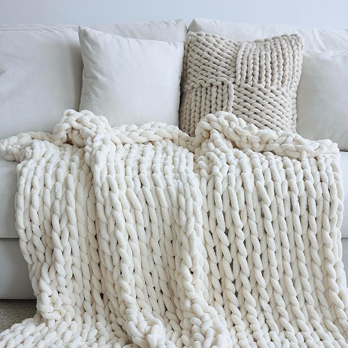 Maetoow Chenille Chunky Knit Blanket,Handmade Cozy for Home Decor,60×80,Cream