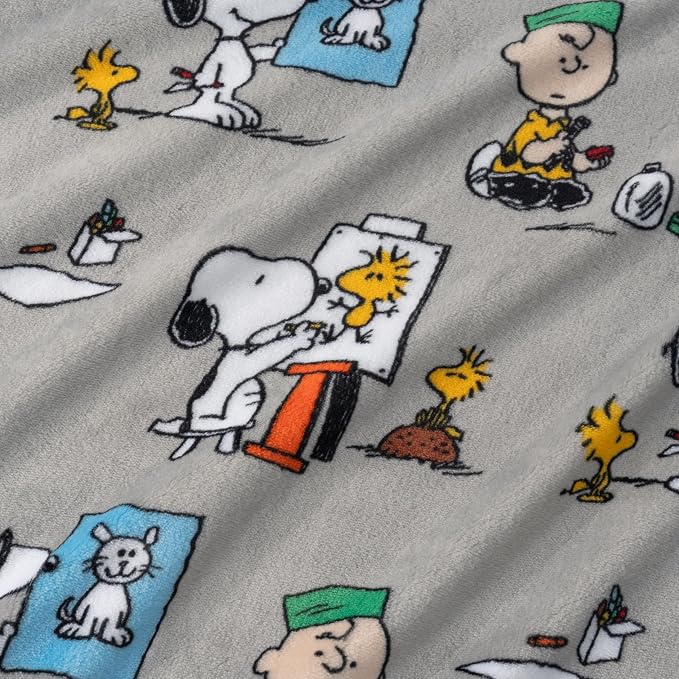 Berkshire Blanket Peanuts® VelvetLoft® Cute Character Snoopy Plush Oversized Throw Blanket, Peanuts Snoopy's Art Class Grey (50in x 60in)
