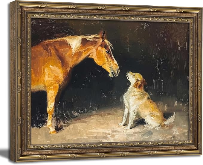 Gold Framed Wall Art Vintage Horse and Dog Wall Art Country Farmhouse Animals Wall Decor Picture Rustic Antique Gallery Aesthetic Poster Print for Bedroom Living Room 12x16in