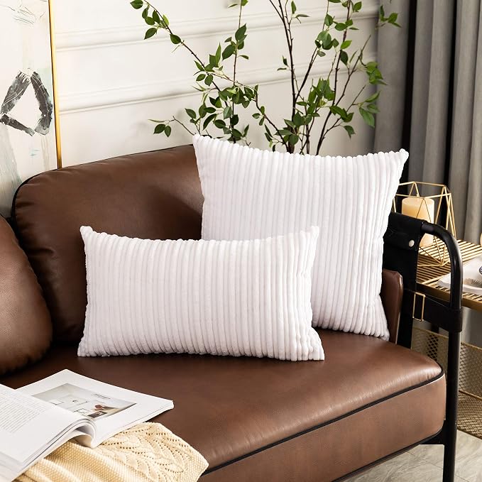UGASA Pack of 2, Velvet Pillow Covers Striped, Soft Textured Throw Cushion Case Set, Accent Corduroy Lumbar Pillowcases with Hidden Zipper for Home Decor Indoor Outdoor (12"x20", Pure White)