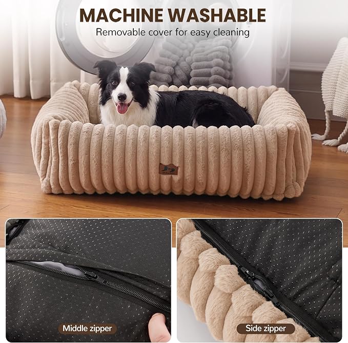 Dog Beds Large Sized Dog,Rectangle Orthopedic Pet Bed for Large Dog, Comfort Fluffy Memory Foam Dog Beds with Anti-Slip Bottom,Camel (35x25x9 inches)