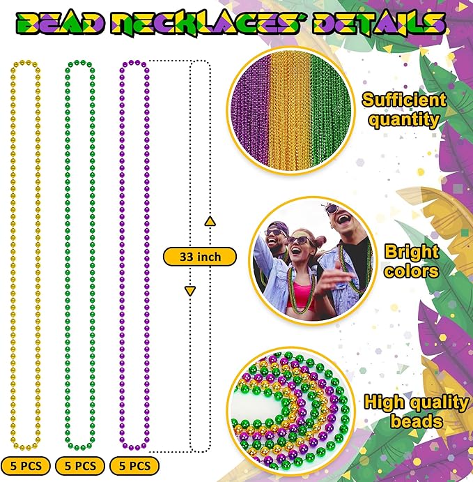 30PCS Mardi Gras Accessories, Green Purple Gold Mardi Gras Beads Necklaces Bulk, Metallic 33" Round Beads Necklace Costumes Decor, Parade Throws Party Decorations Favor Supplies