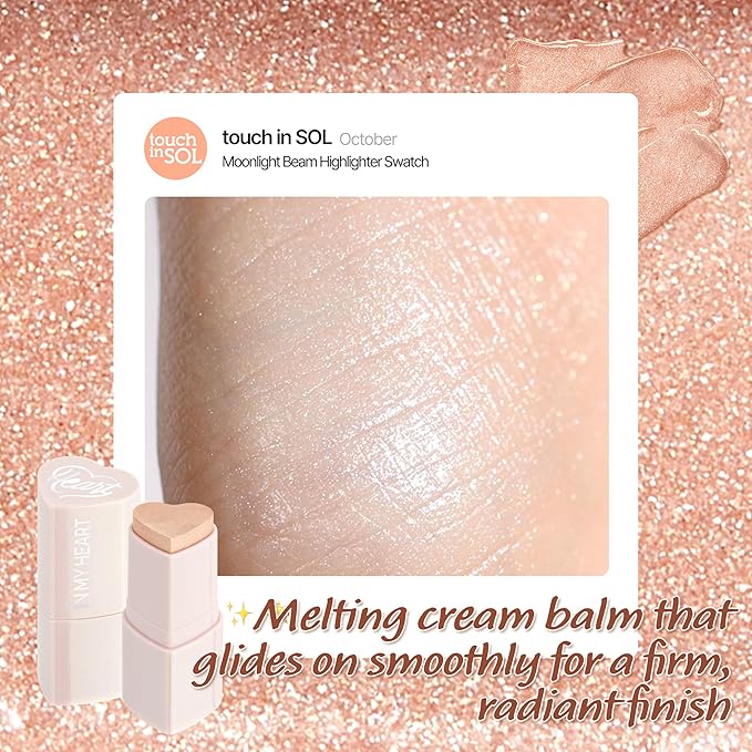 TOUCH IN SOL In My Heart Stick Highlighter (#Moonlight Beam) - Cream Highlighter Stick for Korean Makeup, Multi-Use for Lips, Cheeks & Body, Blendable for Dewy Glow, K-Beauty (0.21 oz)