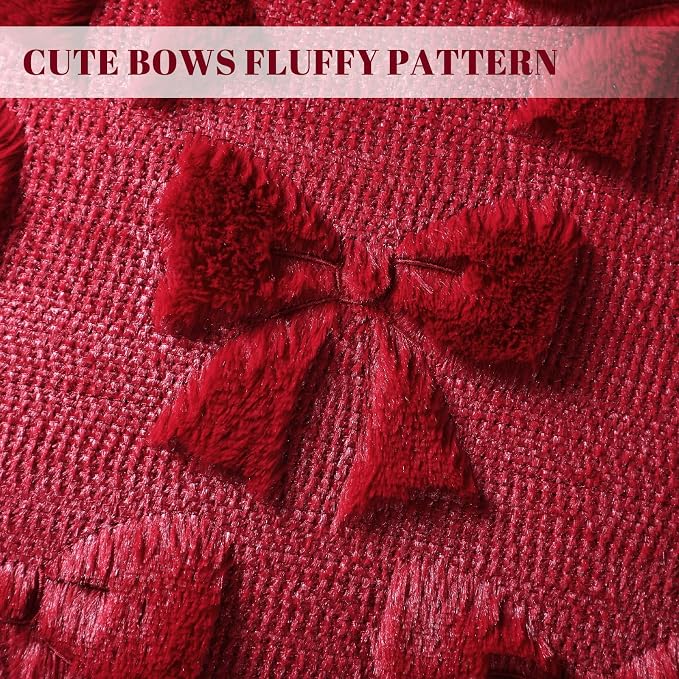 Mixweer Burgundy Bow Pillow Covers Set of 2 Preppy Room Decor Coquette Cute Spring Summer Decorative Faux Fur Soft Bowknot Stuff Fluffy Plush Aesthetic Pillowcase for Bed Sofa Couch (18 x 18 Inch)