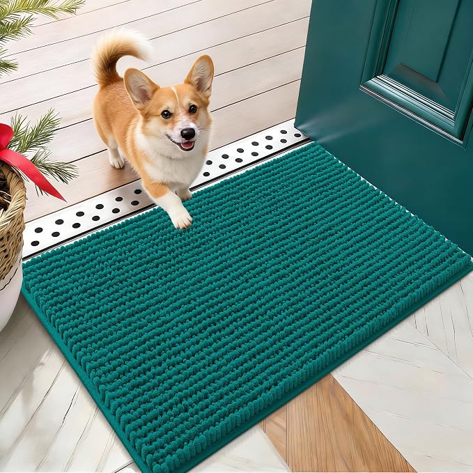 OLANLY Dog Door Mat for Muddy Paws 24x16, Extra Absorbent Chenille Mud Mat | Dark Blue, Absorbs Moisture and Dirt, Non-Slip Machine Washable Doormat, Quick-Drying Indoor Entryway Floor Mat for Dogs