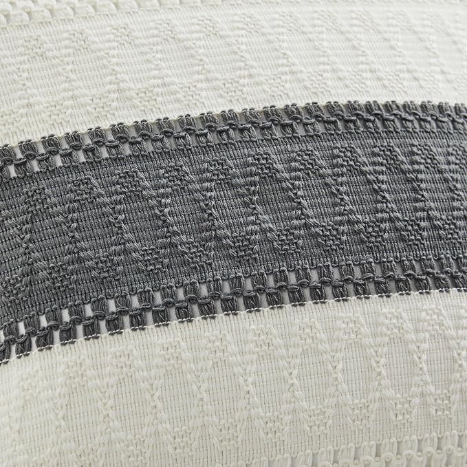 2pk Boho Pillow Covers 16x16, Natural White/Contrast/Charcoal | 100% Organic Cotton Body, Stripe Embroidery, Farmhouse Decorative Cushion Covers for Sofa Bed Living Room Home Decor