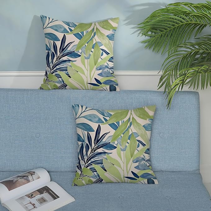 Summer Pillow Covers 18x18 Inches Set of 2 Sage Green Blue Leaves Throw Pillow Covers Outdoor Modern Spring Summer Leaf Decoration Pillowcase Farmhouse Decorative Cushion Cover for Sofa Couch