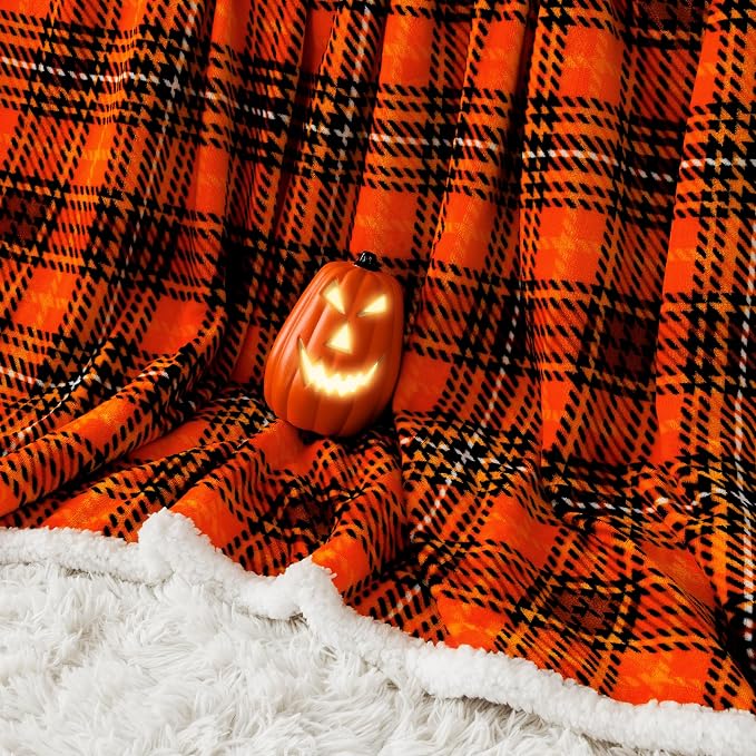 Sherpa Halloween Plaid Throw Blanket(60" X 70", Plaid Orange), Fuzzy Fluffy Cozy Soft Blanket, Fleece Flannel Plush Twin Size Microfiber Blanket for Couch Bed Sofa