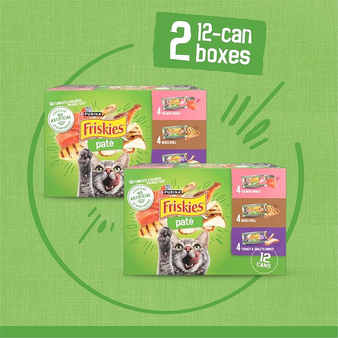Friskies Purina Wet Cat Food Pate Variety Pack Salmon Dinner, Turkey and Giblets Dinner and Mixed Grill - 5.5 oz. Cans (Pack of 48)