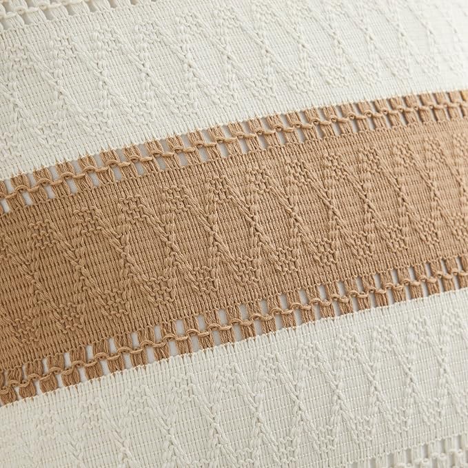 2pk Boho Pillow Covers 16x16, Natural White/Contrast/Brown | 100% Organic Cotton Body, Stripe Embroidery, Farmhouse Decorative Cushion Covers for Sofa Bed Living Room Home Decor