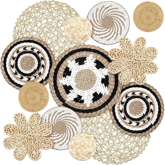 Glenmal 13 Pcs Boho Wall Basket Decor Set Woven Rattan Seagrass,Bohemian | Handmade Flat Baskets for Bedroom Living Room Office, Wicker Bamboo Seagrass Hanging Art, Farmhouse Gallery Ready to Hang