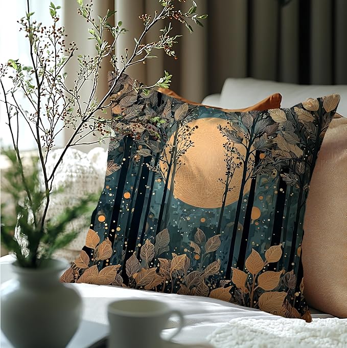 Rustic William Morris Style Gold Moon Pillow Covers 18x18,Vintage Black and Gold Forest Moon Botanical Nature Landscape Decorative Throw Pillow Covers for Home Bedroom Living Room
