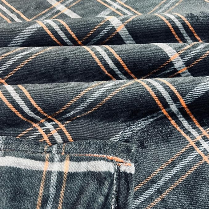 Halloween Fall Fleece Throw Blanket, Black White Orange Plaid, 50x60 | Ultra-soft cozy flannel fleece, for sofa bed couch chair & dorms, spooky Halloween décor, durable and machine washable.