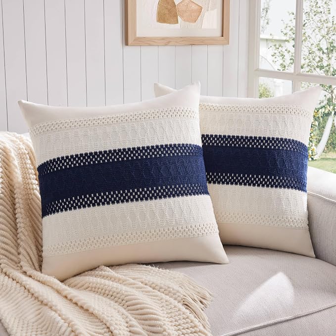 2 Pack Boho Throw Pillow Covers, Contrast Navy Blue 22x22in | Soft Breathable Cotton, Farmhouse Decorative Couch Pillow Cases, Cushion Covers for Sofa Bed Living Room Home Decor