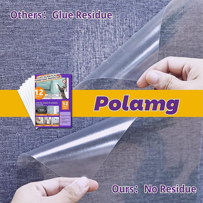 Polamg Cat Scratch Furniture Protector, 12-Pack Clear Sofa Guards | 12 clear sheets, 2 sizes, 52 twist pins; self-adhesive, cuttable. Not recommended: leather, faux leather, velvet, microfiber