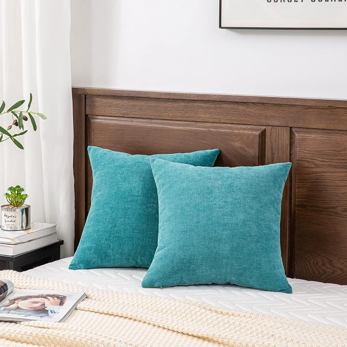 GAWAMAY Decorative Square Throw Pillow Covers 22"x22" Inch Set of 2, Super Soft Chenille Pillows Farmhouse Fall Pillowcase for Living Room Bedroom Sofa Couch Cushion Cover Teal 55x55cm (No Insert)
