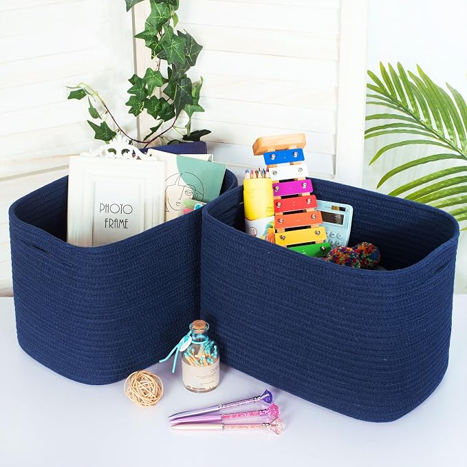 3-Pack Decorative Woven Storage Baskets for Shelves, Cube Bin Box for Organizing Books, Shoes, Dog Toys, Pantry Closet and Living Room Organizer, Navy Blue