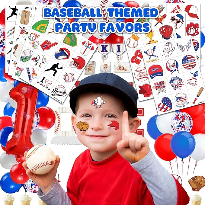 96 PCS Baseball Sports Pre-Cut Temporary Tattoos for Kids | Super Cute Baseball Themed Birthday Party Favors, Supplies, Decorations, Fake Tattoo Stickers (multiple)