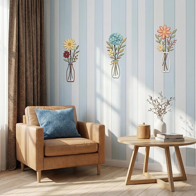3 Piece Metal Flower Wall Art for Bedroom Living Room Rustic Farmhouse Floral Wall Decor for Bathroom Dining Room Boho Home Decorations Modern Minimalism Walls Hanging Sculptures(Yellow Blue)