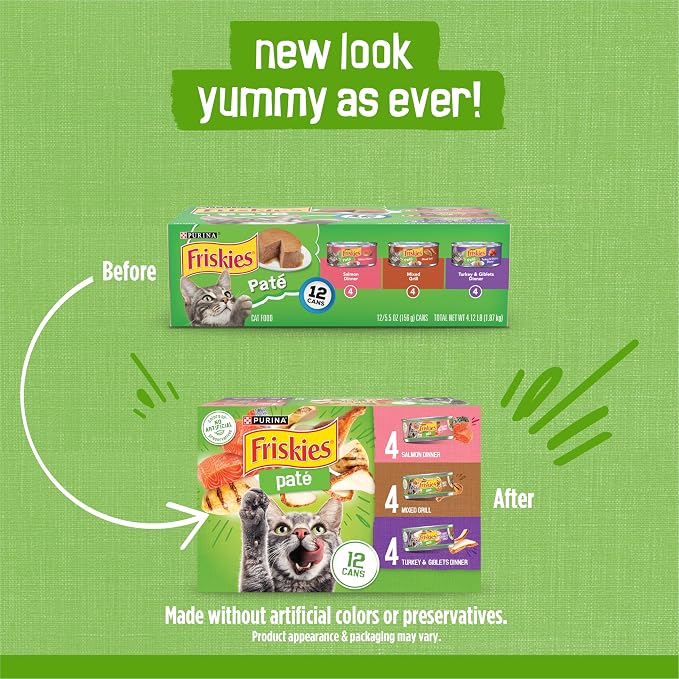 Friskies Purina Wet Cat Food Pate Variety Pack Salmon Dinner, Turkey and Giblets Dinner and Mixed Grill - 5.5 oz. Cans (Pack of 48)