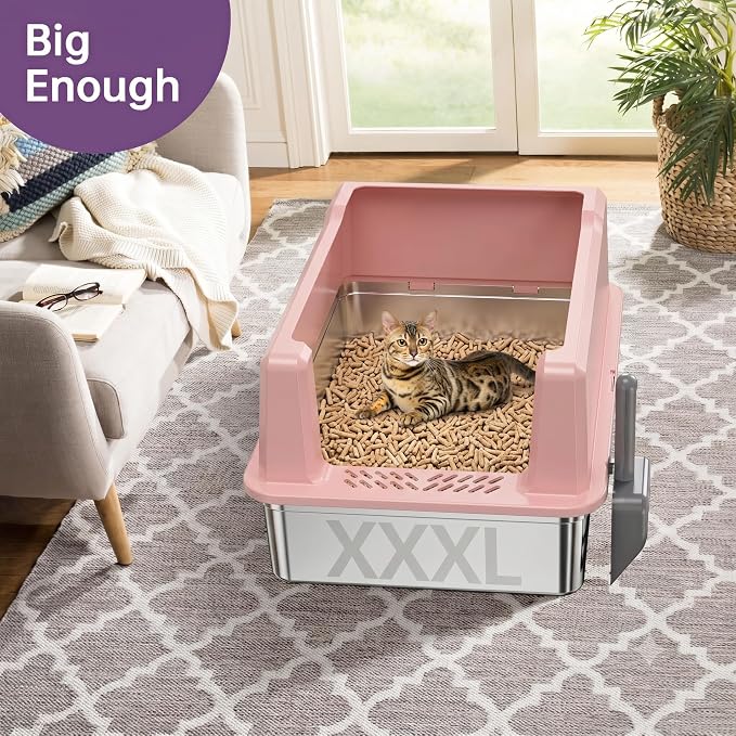 XXXL Stainless Steel Cat Litter Box with Lid, 26" L x 18" W x 12" H Metal Litter Box with High Sides for Big Cats & Multiple Cats, Never Absorbs Odors, Anti-Urine Leakage, Easy Cleanin(Pink)