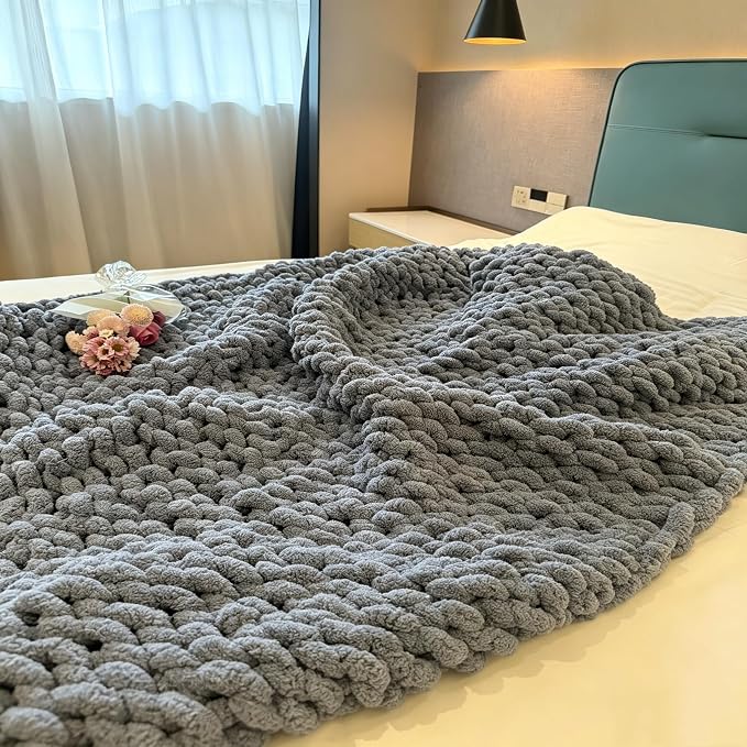 Soft Chunky Knit Throw Blanket for Couch, Cozy Warm Knitted Blankets | Hand Knit with Jumbo Chenille, Lightweight Warm Fluffy Decor for Women, Mom, Her & Girls, Sofa, Chair, Bed,48"×71"(Airy Blue)