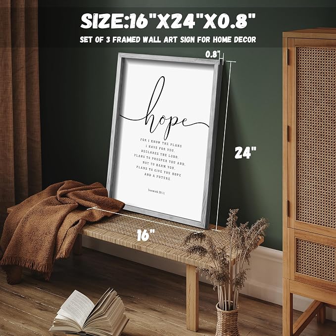 Houmury 3PCS Framed Faith Hope Love Bible Verses Wall Art Farmhouse Religious Quotes Wall Decor Inspirational Wall Art (Black, 16"x24")