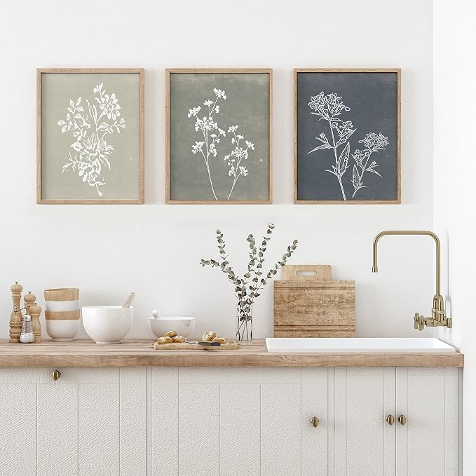 Liswit Framed Boho Wall Art Set of 4 for Wooded Minimalist Botanical Print Wall Art for Rustic Vintage Farmhouse Home Kitchen Wall Decor (Brown, 12x16)