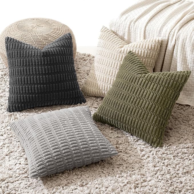 MIULEE Pack of 4 Corduroy Throw Pillow Covers 18x18 Inch Grey and Olive | Neutral Rustic Farmhouse Boho Soft Striped Pillow Covers,Home Decor for Sofa,Living Room,Couch,Bed