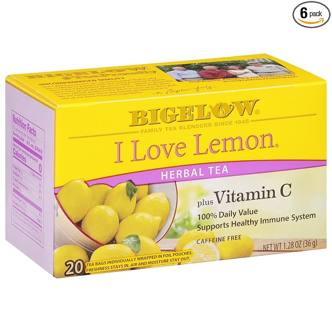 Bigelow Tea I Love Lemon with Vitamin C Herbal Tea, Caffeine Free Tea , 20 Count Box (Pack of 6), 120 Total Tea Bags