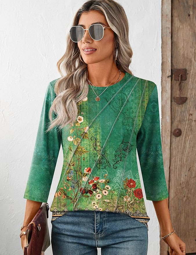 LOMON 3/4 Length Sleeve Womens Tops Spring Summer Fashion 2026 Tops Crew Neck Pleated Shirts Tunic Top Loose Fit