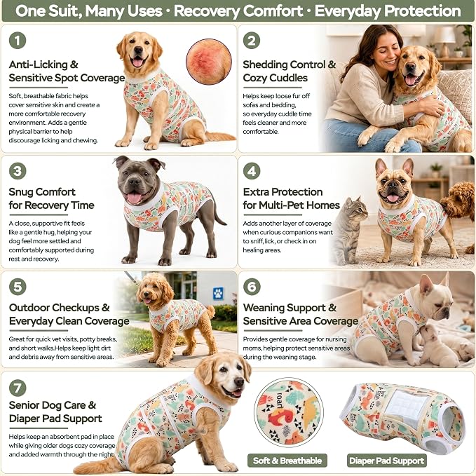 PetWarm Post Neuter Surgery Suit for Dogs, E Collar Alternative for Dogs After Surgery, Anti-Licking Dog Surgery Recovery Suit Dog Bodysuit, Dinosaur Pattern, White, 2XL