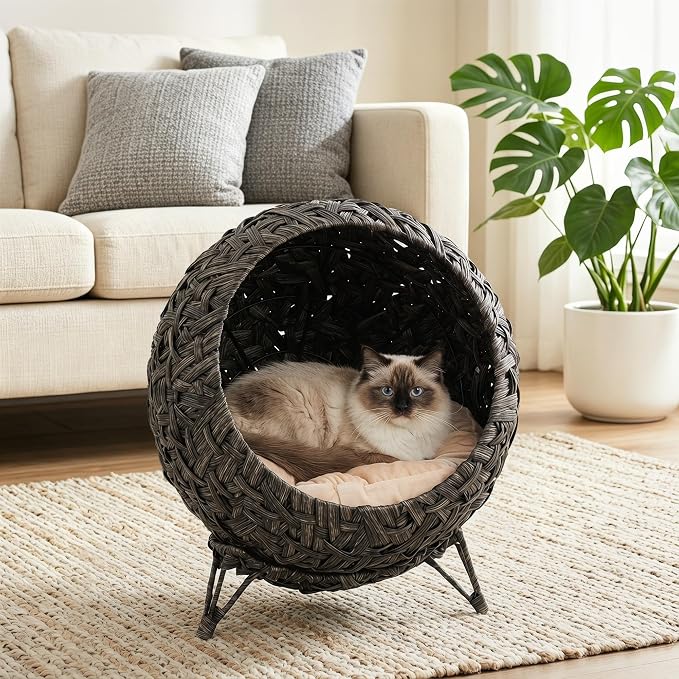 PawHut Rattan Cat Bed Elevated Handwoven Cat Basket Bed for Kittens Gray | Soft Cushion, Metal Base, Indoor Kitty Furniture, Breathable