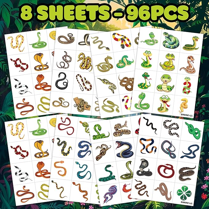 96 PCS Snake Pre-Cut Temporary Tattoos for Kids – Reptile Lizard Theme Birthday Party Favors,Cute Animal Tattoo Stickers for Boys Girls, Classroom Gifts, School Supplies, Prizes and Rewards (Normal)