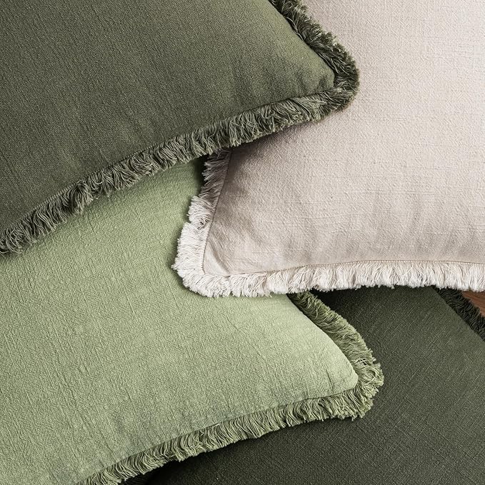 MIULEE Fall Linen Fringe Pillow Covers Set of 4 18x18 Beige/Sage Green | Boho Farmhouse Decorative Throw Pillow Covers, Neutral Soft Rustic Cushion Cases, for Couch Sofa Bed Living Room Home Decor