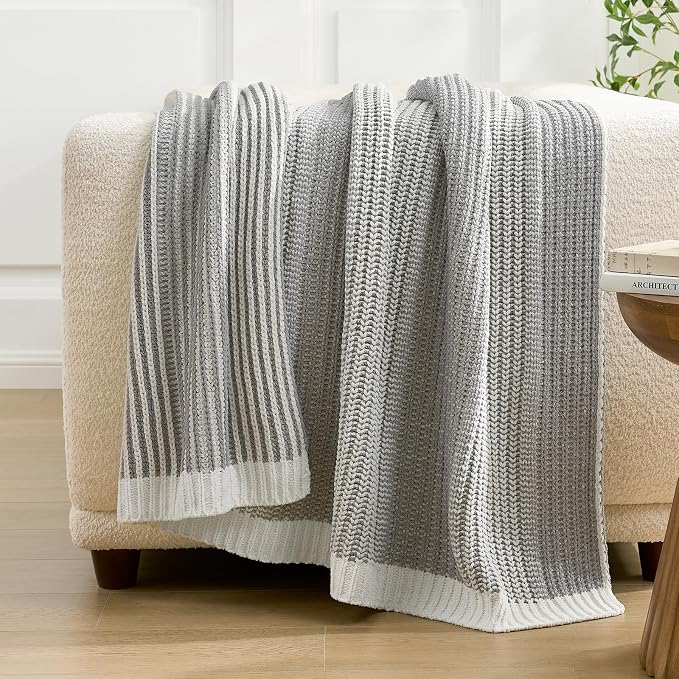 Premium Chenille Throw Blanket, Soft Cozy Luxury Two-Tone Knit Blanket for Couch, Sofa, Chair, Home Decor, Grey & Ivory 50"x60"