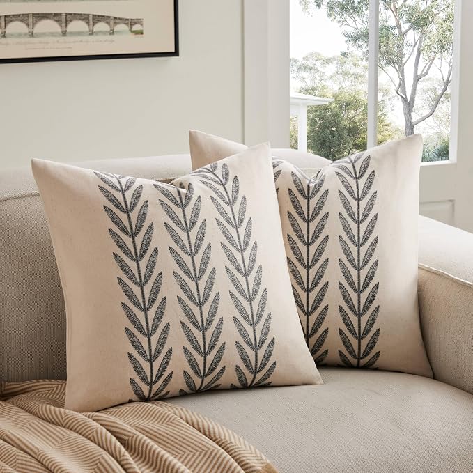 Farmhouse Leaves Throw Pillow Covers Set of 2, 16x16in Black | 100% Organic Cotton, Rustic Accent Print Pillow Case, Pastoral Decorative Cushion Covers for Sofa Bed Living Room Home Decor