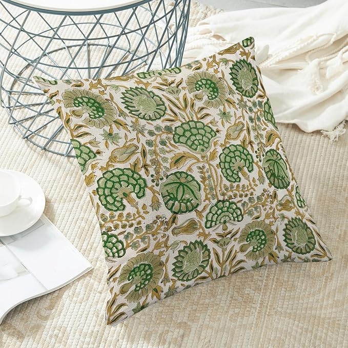 Block Print Pillow Covers 18x18 Inch Pack of 2 Boho Sage Green Yellow Floral Decor Throw Pillow Covers Spring Summer Flower Pillowcase Outdoor Farmhouse Decorative Cushion Cover for Home Sofa