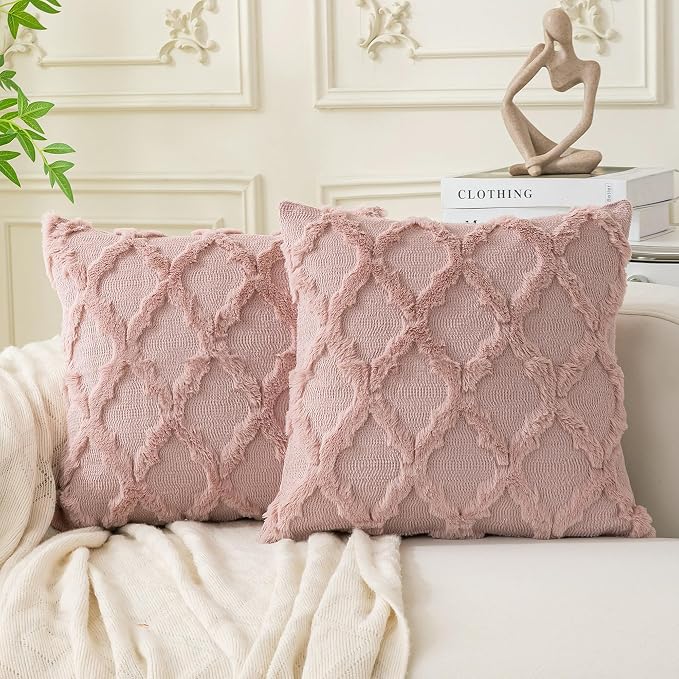 Set of 2 Soft Moroccan Throw Pillow Covers 18x18 Inch Plush Boho Decorative Pillow Cover Accent Cushion Case for Couch Sofa Bed, Pink