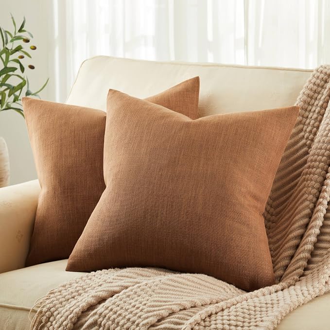 Rustic Linen Throw Pillow Covers Set of 2, Caramel 22x22in | Textured Pillow Case, Rustic Cotton Linen Fabric, Modern Farmhouse Cushion Covers for Sofa Bed Living Room Home Decor