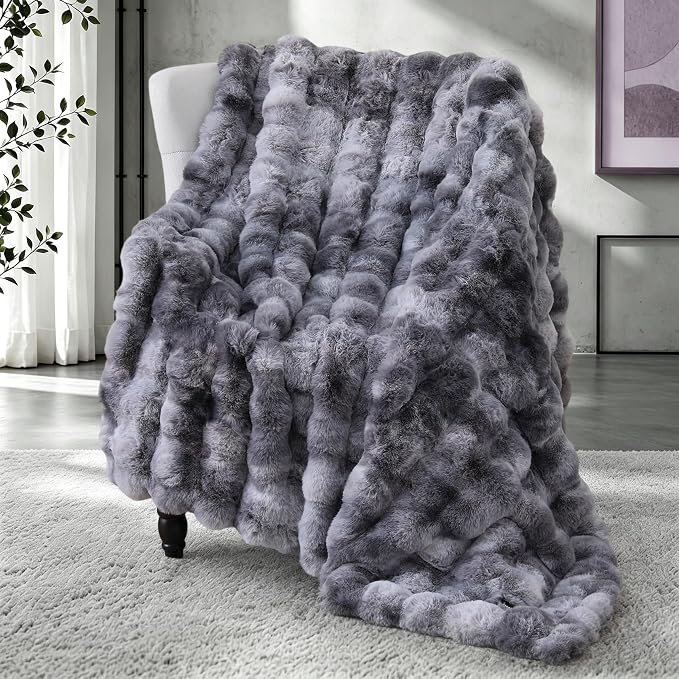 Super Comfort Oversized Warm Thick Bubble Luxury Plush Rabbit Faux Fur Throw Blanket, Fluffy Blanket,Soft Cozy Blanket for Couch Chair Bed Sofa Living Room (Tie-Dye Grey, 60inX80in)