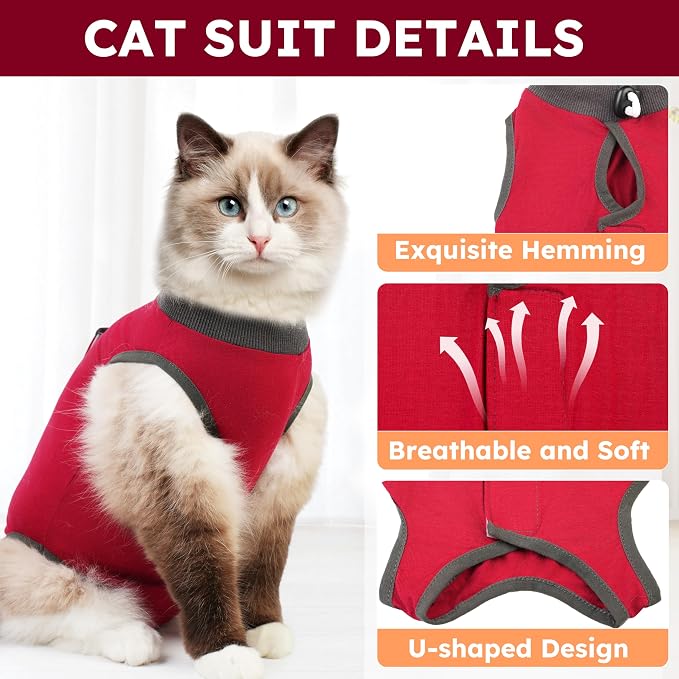 Hpetppy Cat Recovery Suit After Surgery, Breathable Cat Surgery Recovery Suit for Spay Abdominal Wounds or Skin Diseases, E-Collar Alternative Wear for Small Male Female Pets (Red,L)