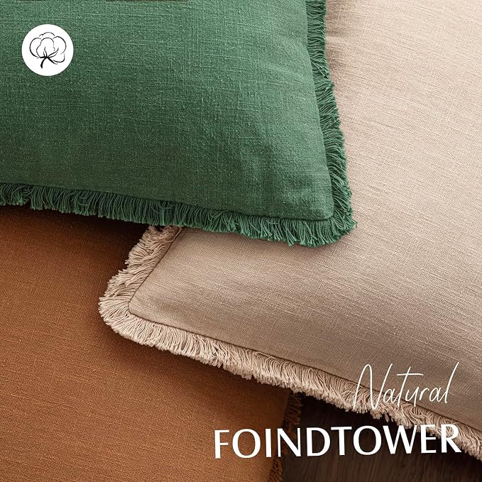 Foindtower Set of 2 Decorative Linen Fringe Throw Pillow Covers Cozy Boho Farmhouse Cushion Cover with Tassels Soft Accent Pillowcase for Couch Sofa Bed Living Room Home Decor, 18×18 Inch, Pine Green