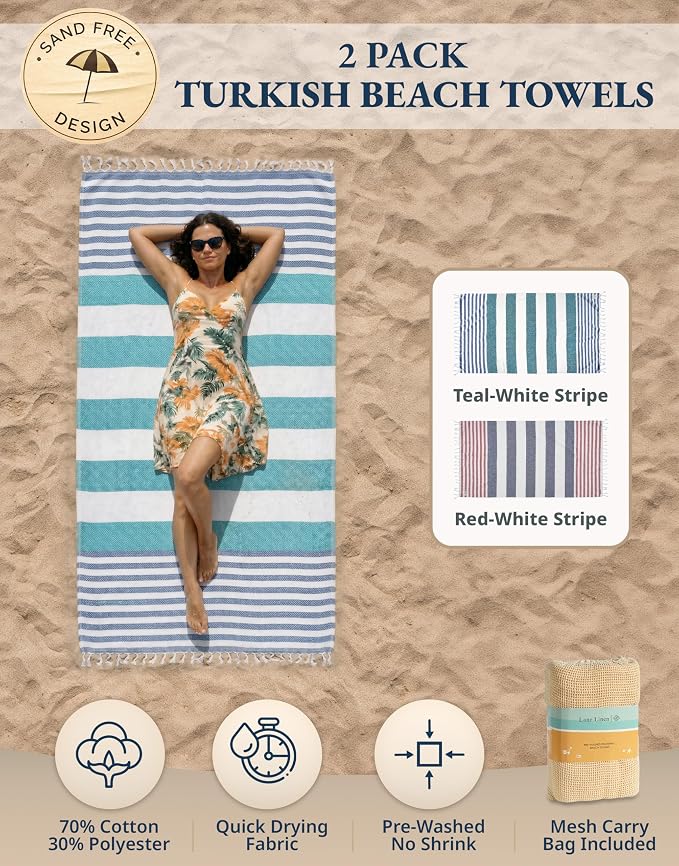 LANE LINEN Beach Towels for Women - 2 Pack Large Beach Towels Oversized, Pre-Washed, Sand Free Towel, Quick Dry, Lightweight and Soft Bath Towel, 39"x71" - Old Glory Teal