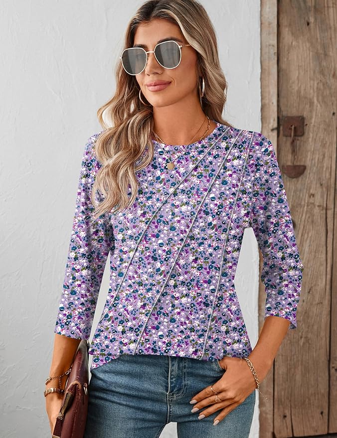 LOMON 3/4 Length Sleeve Womens Tops Spring Summer Fashion 2026 Tops Crew Neck Pleated Shirts Tunic Top Loose Fit